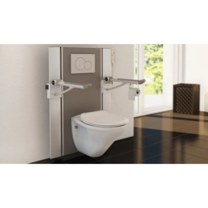 Accessible toilet with backrest, support features and toilet accessories