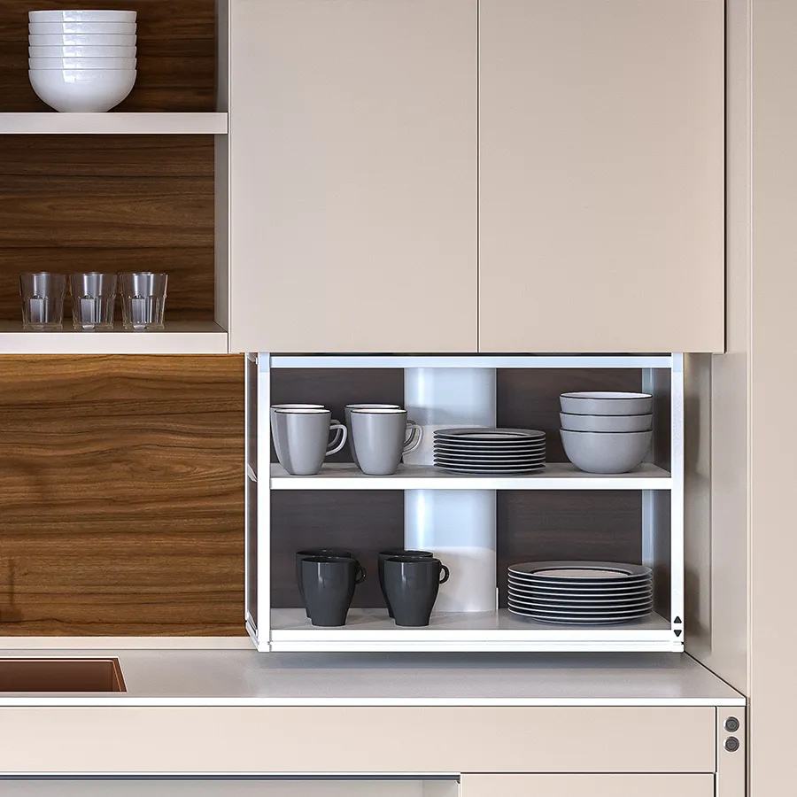 Verti 840 shelves lowering vertically from a fixed wall cabinet
