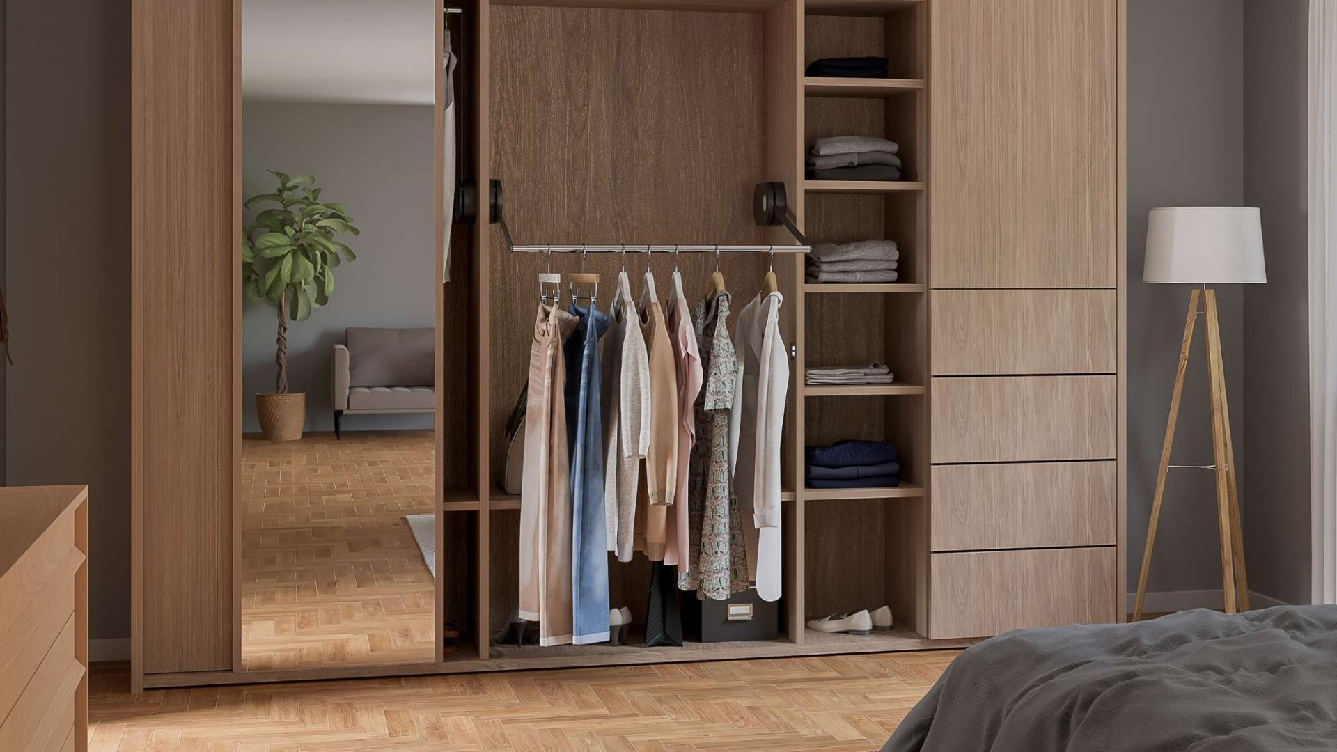 Eletric folding wardrobe rail in an accessible bedroom