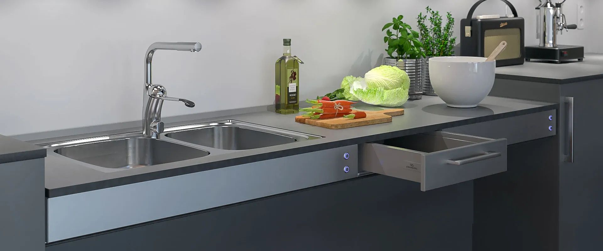 Granberg Baselift HA showing integrated drawer and 103mm compartment frame