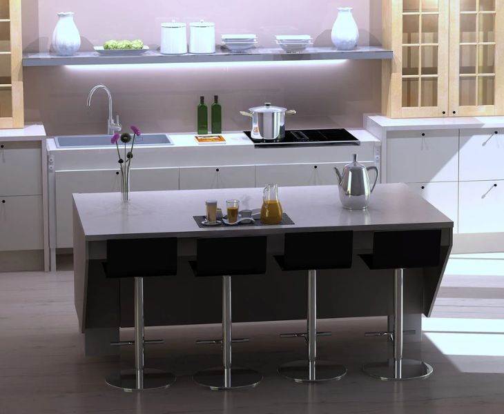 Granberg Centerlift accessible kitchen island in a dark architectural accessible kitchen