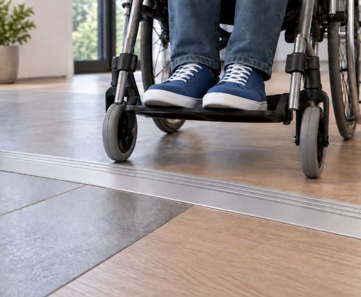 Wheelchair crossing a 12.7 mm high grooved flat aluminium doorway threshold