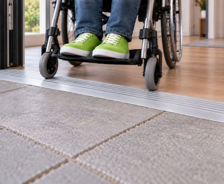 Wheelchair crossing a grooved aluminium transition threshold between two different floor levels