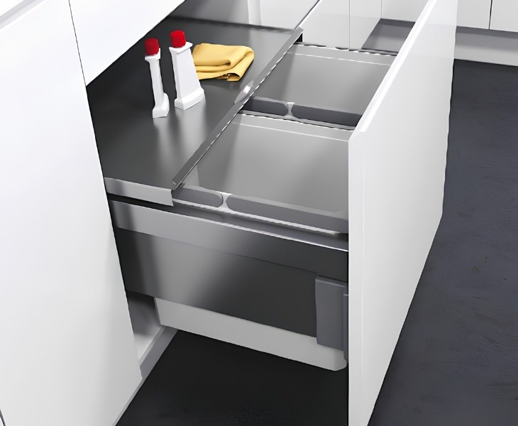 Pull-out kitchen bin and waste separation system fitted inside a kitchen base cabinet