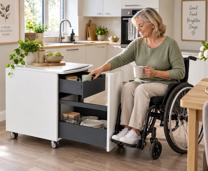 Granberg mini cabinet on wheels positioned beneath an accessible kitchen worktop
