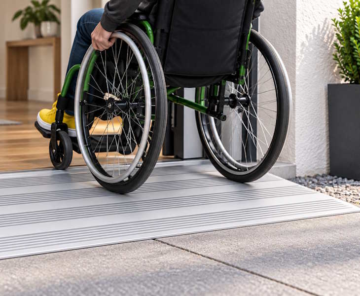 Modular aluminium low-level ramp sections creating a smooth accessible transition