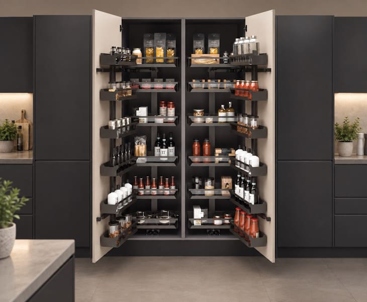 Pull-out pantry larder storage system with multiple baskets fitted inside a tall kitchen cabinet