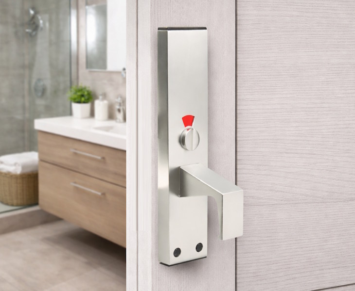 Accessible toilet door lock and latch with occupancy indicator and easy-grip handle