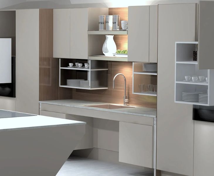 Granberg Verti 840 height adjustable wall cabinet shelving in a contemporary accessible kitchen