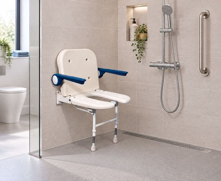 Wall-mounted folding horseshoe shower seat with padded support