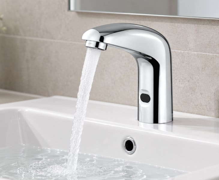 Chrome infrared washbasin taps with touch-free sensor operation