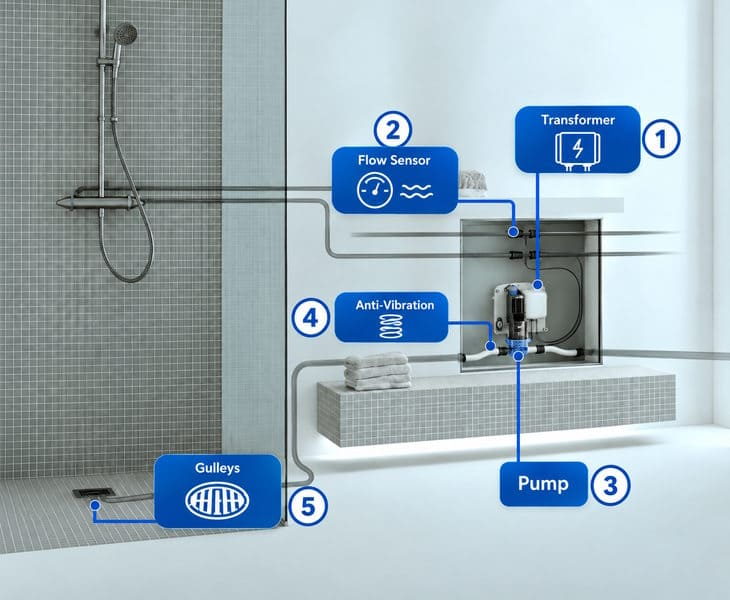 Shower wastewater pump system for accessible wetroom drainage