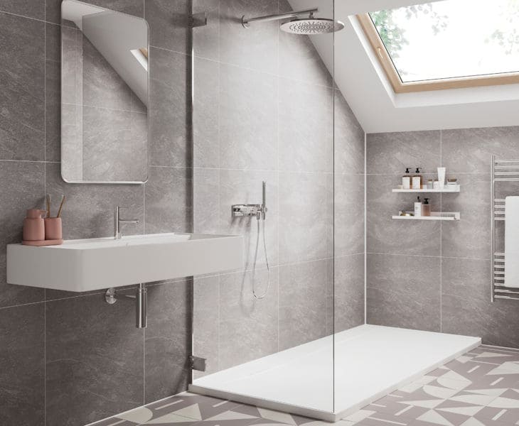 Bathroom fitted with Showerwall Tile Collection tile-effect wall panels