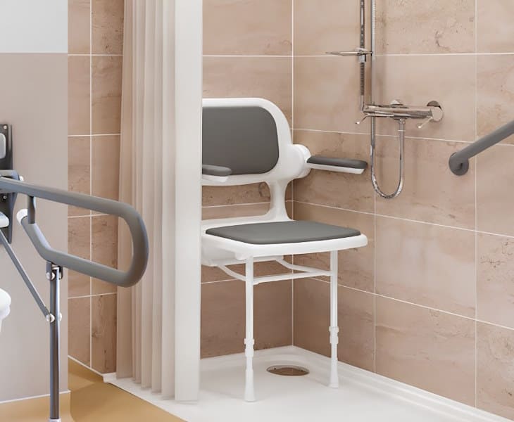 Traditional folding care shower seat with armrests and backrest