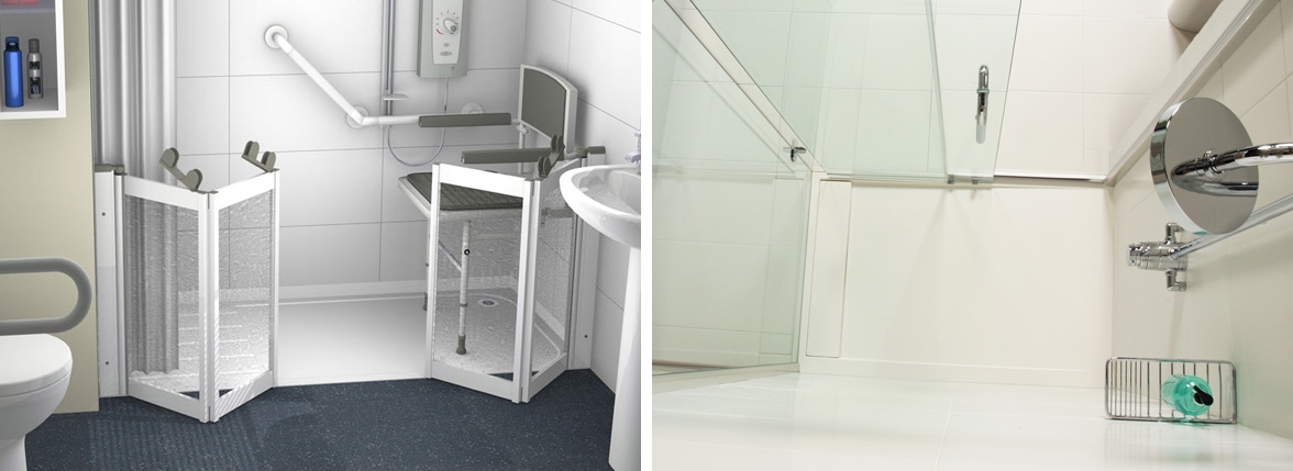 Installed example of Eagle Level Access Shower Tray with Contour WF19 White inline twin bi-folding half height shower doors, with shower seat and grab rail. Roman Solid Surface shower tray with corner Glass sliding door and fixed end panel.
