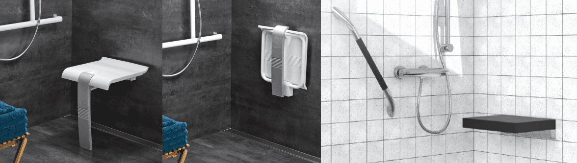 Installed examples of the Pellet Arsis and Opulence wall mounted folding shower seats