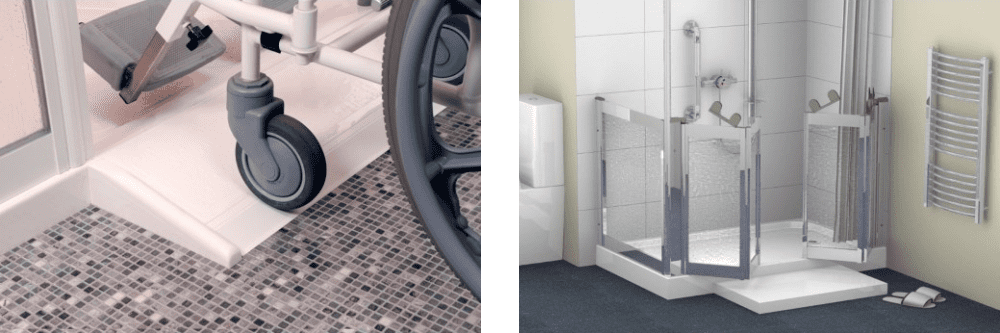 Contour 26R01-30 Shower Tray Ramp with wheelchair access example to shower tray. Prinia Step access to the Prina Shower Tray, shown with Contour WF32 Right Hand Luxe half height shower doors
