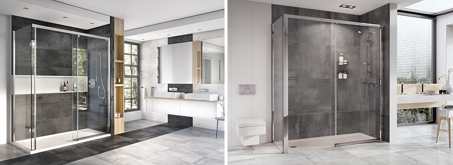 Installed examples of Roman Decem 10mm Glass Corner and Roman Embrace 6mm Glass Corner - Level access shower enclosures