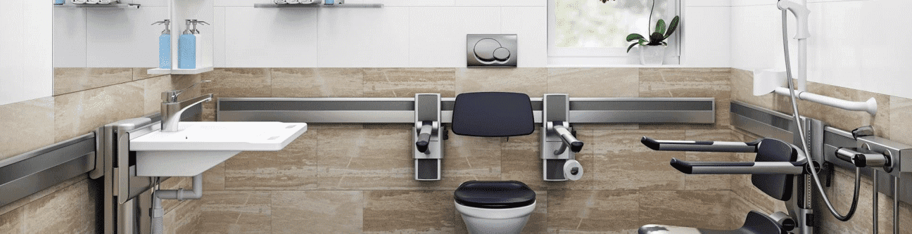 Installed Pressalit - Toilet Roll Holder, Soap Dish, Shower Rail System and Shower Head Holder